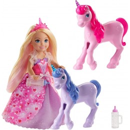 Barbie Dreamtopia Coffret Cadeau mini-poupée Chelsea Princesse avec une robe à cœurs 2 bébés licornes et accessoires jouet pour enfant GJK17 - B16BBFPXV