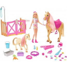 Barbie Famille coffret Toilettage des Chevaux avec poupée blonde 2 figurines chevaux et plus de 20 accessoires emballage fermé jouet pour enfant HGB58 - BB8HKLYNN