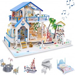 GuDoQi Kit de Maison De Poupée Bricolage Maison de Poupée Miniature en Bois avec Mobilier et Musique Modèle de Appartement Fait à La Main Légende de La Mer Bleue - BJK6VVPXC