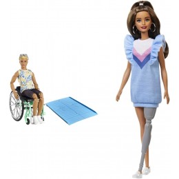 Barbie Fashionistas poupée mannequin Ken #167 blond en fauteuil roulant avec tee-shirt & Fashionistas poupée mannequin #121 avec prothèse de jambe,avec robe bleue à motifs chevrons et baskets blanches - BN187YLOV