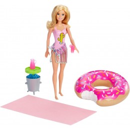 Barbie Mobilier Coffret Journée Piscine poupée blonde en maillot de bain bouée donut et accessoires jouet pour enfant GHT20 - BKKJKYEJR